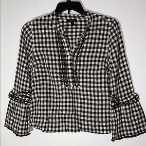 J. Crew Black and White Checkered Blouse with ruffles‎ tunic 100% cotton size 6